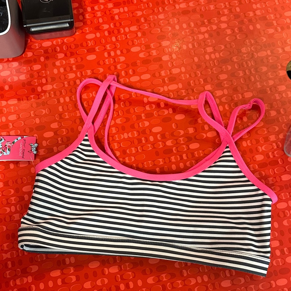 Striped Black and White Bra with Pink Trim